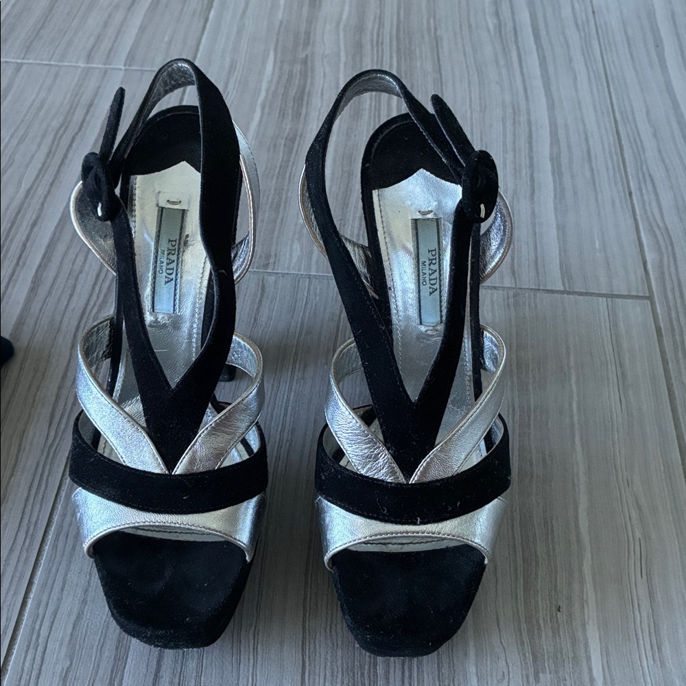 Prada Women's Black and Silver Strappy Heels in size 37 comes with dust bag